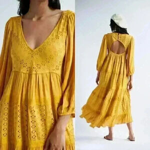 Free People Mustard Yellow Eyelet Bohemian Mockingbird Maxi Dress Small